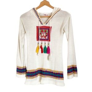 Vintage melange knit native ethnic hooded tassel fringe sweater
